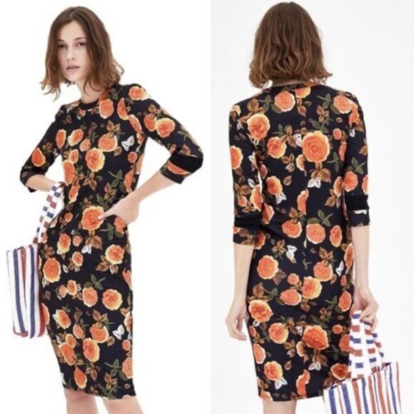 ZARA Floral Midi‎ Dress Black Orange Roses Bodycon 3/4 Sleeves size M Party Date - Picture 1 of 6